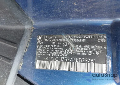 1996 BMW Z3 1.9 z USA, uszkodzony, nr VIN 4USCH7327TLB72781